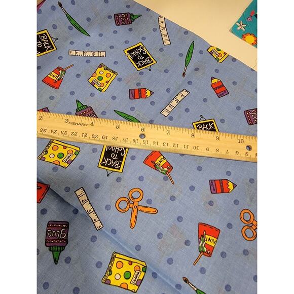 Back To School Elementary Blue Cotton Farbric 29inches Scissors Glue Paint New - Picture 5 of 5